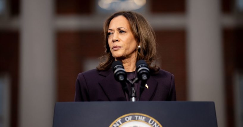 Democratic presidential nominee, U.S. Vice President Kamala Harris pauses while speaking on stage as she concedes the election, at Howard University on November 6, 2024 in Washington, DC.