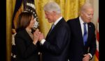 (L-R) Vice President Kamala Harris, former President Bill Clinton and U.S. President Joe Biden mark the 30th anniversary of the Family and Medical Leave Act during an event in the East Room of the White House on February 2, 2023 in Washington, DC.