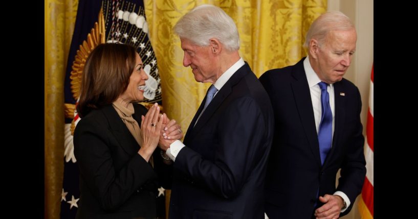 (L-R) Vice President Kamala Harris, former President Bill Clinton and U.S. President Joe Biden mark the 30th anniversary of the Family and Medical Leave Act during an event in the East Room of the White House on February 2, 2023 in Washington, DC.