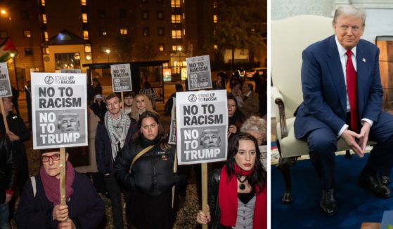 (L) Protestors attend a rally at American Embassy (US Embassy) on November 6, 2024 in London, England. (R) US President Joe Biden (not pictured) meets with US President-elect Donald Trump in the Oval Office of the White House in Washington, DC, on November 13, 2024.