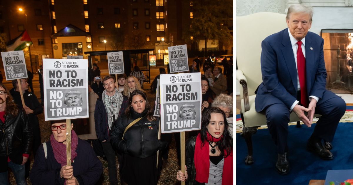 (L) Protestors attend a rally at American Embassy (US Embassy) on November 6, 2024 in London, England. (R) US President Joe Biden (not pictured) meets with US President-elect Donald Trump in the Oval Office of the White House in Washington, DC, on November 13, 2024.