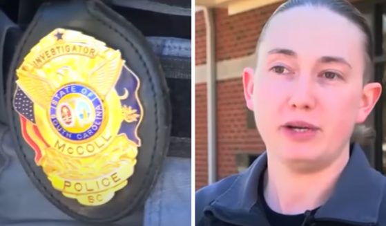 These YouTube screen shots show a McColl, South Carolina, police badge (L)) and investigator Courtney Bulusan (R).