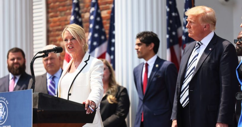 Pam Bondi, former Florida Attorney General, speaks during a press conference announcing a class action lawsuit against big tech companies at the Trump National Golf Club Bedminster on July 7, 2021 in Bedminster, New Jersey.