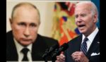 An image of Russian President Vladimir Putin is displayed as U.S. President Joe Biden speaks about gas prices in the South Court Auditorium at the White House campus on June 22, 2022 in Washington, DC.