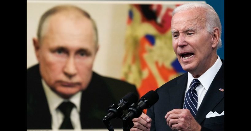 An image of Russian President Vladimir Putin is displayed as U.S. President Joe Biden speaks about gas prices in the South Court Auditorium at the White House campus on June 22, 2022 in Washington, DC.