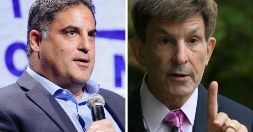 (L) Cenk Uygur speaks during Politicon 2018 at Los Angeles Convention Center on October 21, 2018 in Los Angeles, California. (R) Historian and American University professor Allan Lichtman answers questions during an interview with AFP in Bethesda, Maryland, on September 7, 2024.