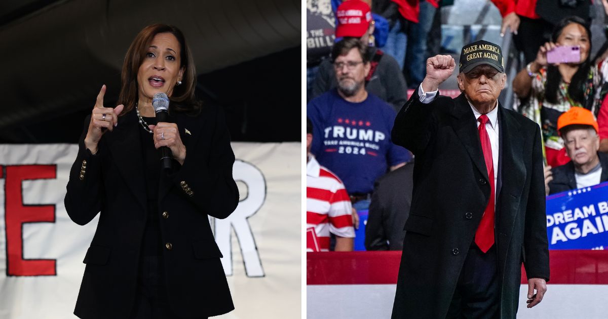 (L) Democratic presidential nominee, U.S. Vice President Kamala Harris speaks at a canvass kickoff event on November 4, 2024 in Moosic, Pennsylvania. (R) Former US President and Republican presidential candidate Donald Trump pumps his fist after speaking at the end of a campaign rally at Atrium Health Amphitheater in Macon, Georgia, on November 3, 2024.