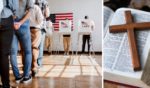 (L) This Getty stock image shows people voting. (R) This Getty stock image shows a wooden cross on a Bible.