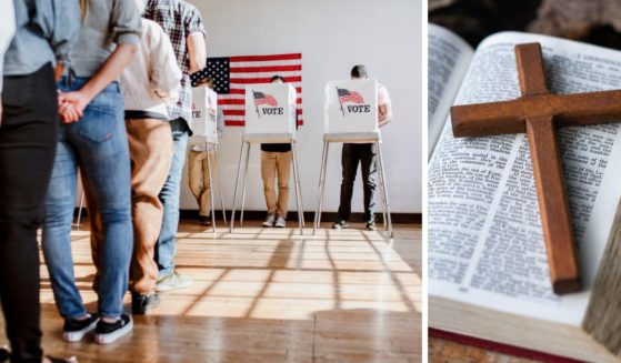 (L) This Getty stock image shows people voting. (R) This Getty stock image shows a wooden cross on a Bible.