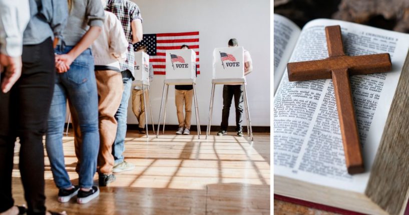 (L) This Getty stock image shows people voting. (R) This Getty stock image shows a wooden cross on a Bible.