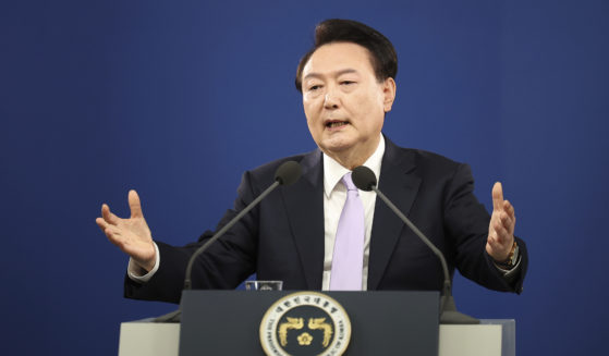 South Korean President Yoon Suk Yeol answers a reporter's question during a news conference at the Presidential Office in Seoul, South Korea, on Nov. 7.