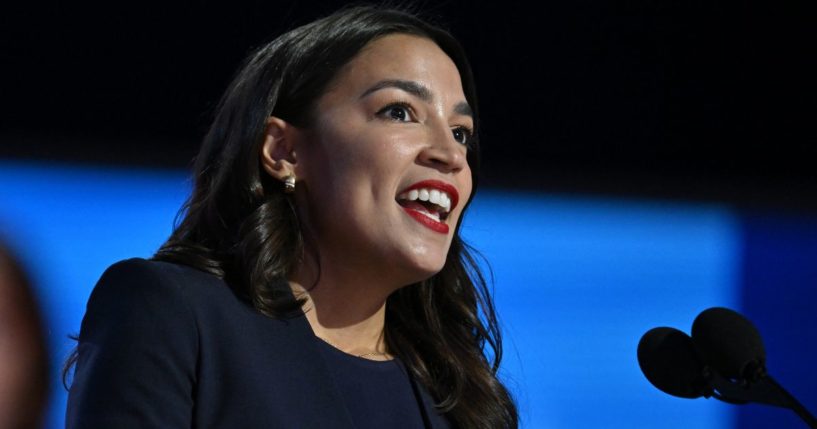 Rep. Alexandria Ocasio-Cortez speaks on stage on the first day of the Democratic National Convention in Chicago, Illinois, on Aug. 19.