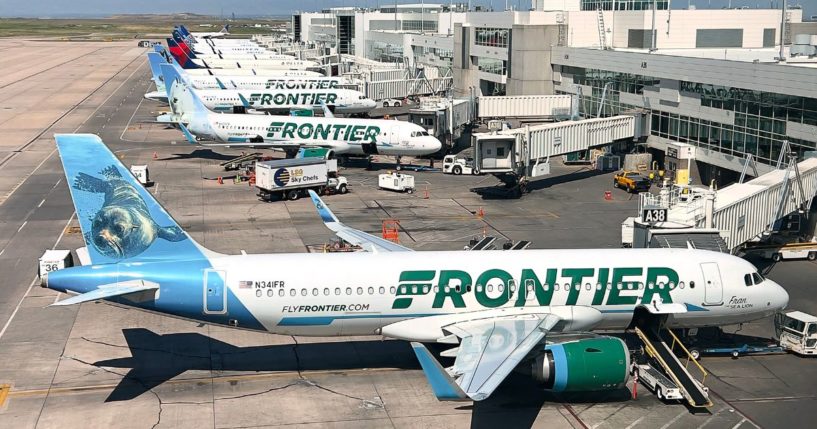 Frontier Airlines planes are parked at gates in Denver International Airport in Denver, Colorado, on Aug. 5, 2023.