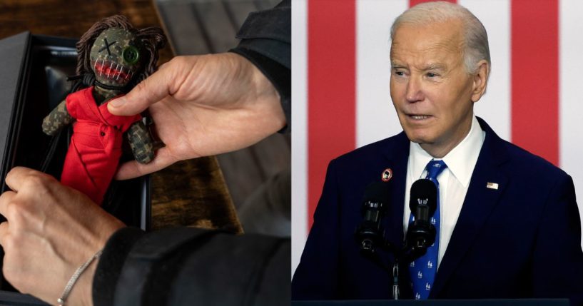 LEFT: Mariana Pochtar displays a completed Voodoo Orcs voodoo doll in the likeness of Margarita Simonovna Simonyan, editor-in-chief of Russia Today, on October 15, 2023 in Hostomel, Ukraine. RIGHT: President Joe Biden speaks at the Department of Labor on December 16, 2024 in Washington, D.C.