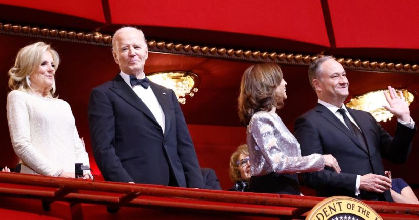 First lady Jill Biden, left, President Joe Biden, second from left; Vice President Kamala Harris, second from right; and second gentleman Doug Emhoff, right, ttend the 47th Kennedy Center Honors at The Kennedy Center in Washington, D.C., on Sunday.