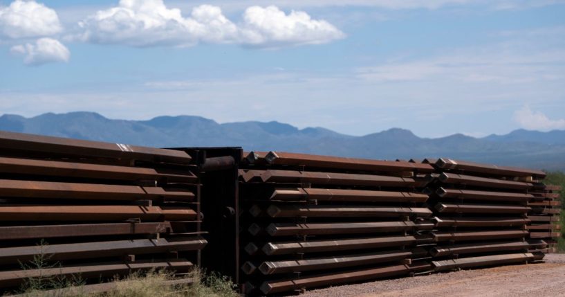 Border fence construction materials sits unused on the U.S.-Mexico border on August 22, 2024 south of Sierra Vista, Arizona.