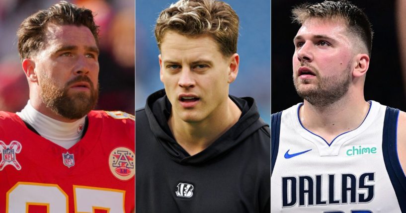 Prominent athletes - including Travis Kelce, left; Joe Burrow, center; and Luka Doncic, right - have had their homes broken into this year.