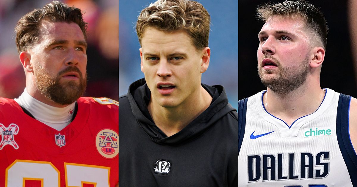 Prominent athletes - including Travis Kelce, left; Joe Burrow, center; and Luka Doncic, right - have had their homes broken into this year.