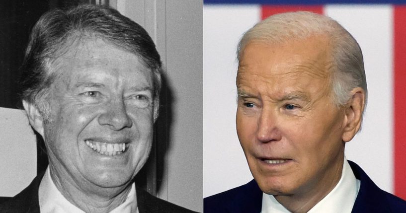 On Tuesday, the Dow Jones Industrial Average fell for the ninth consecutive trading day under President Joe Biden, right, putting him on track to beat the record set in February 1978 under then-President Jimmy Carter, left.