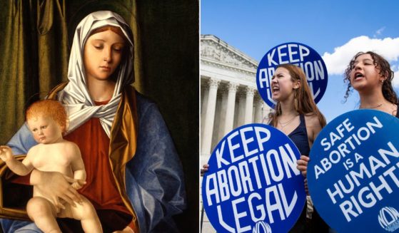 "Madonna and Child," left, was painted around 1500 by Italian artist Nicolò Rondinelli. At right, pro-abortion activists shout slogans at a protest in June of 2024. Pro-life conservatives have taken offense to a post on social media platform X by a pro-abortion group called Catholics for Choice that tried to tie the conception of Christ to the abortion issue.