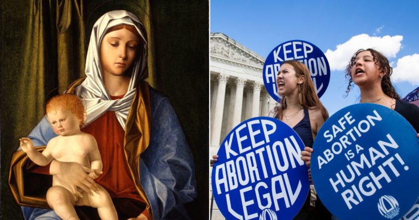 "Madonna and Child," left, was painted around 1500 by Italian artist Nicolò Rondinelli. At right, pro-abortion activists shout slogans at a protest in June of 2024. Pro-life conservatives have taken offense to a post on social media platform X by a pro-abortion group called Catholics for Choice that tried to tie the conception of Christ to the abortion issue.