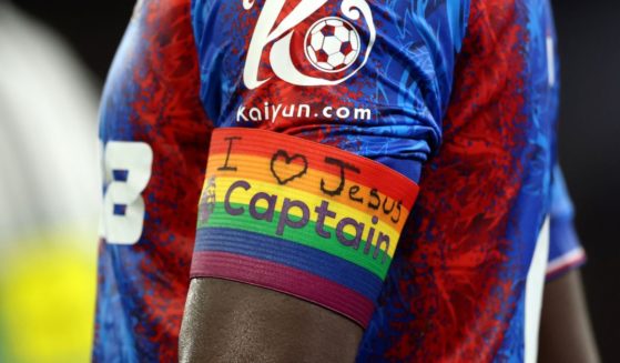 Marc Guehi of Crystal Palace wears the Rainbow Laces captains armband with the words 'I heart Jesus' during the Premier League match between Crystal Palace FC and Newcastle United FC in London, England, on Saturday.