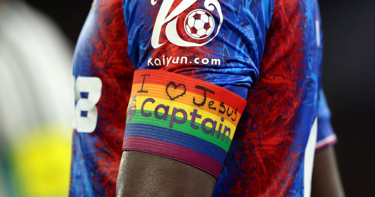 Marc Guehi of Crystal Palace wears the Rainbow Laces captains armband with the words 'I heart Jesus' during the Premier League match between Crystal Palace FC and Newcastle United FC in London, England, on Saturday.