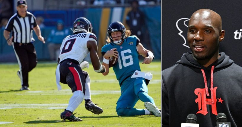 Houston Texans head coach DeMeco Ryans, right, pointed fingers at everyone but his own player for the dirty hit Sunday against Jacksonville Jaguars quarterback Trevor Lawrence by Texans linebacker Azeez Al-Shaair Lawrence was injured on the play and Al-Shaair was ejected from the game for the unecessary hit.