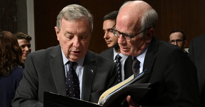 Senate Judiciary Committee chairman Dick Durbin, left, speaks with Sen. Peter Welch as they return after a break during the Senate Judiciary Committee hearing "Big Tech and the Online Child Sexual Exploitation Crisis" in Washington, D.C., on Jan. 31.