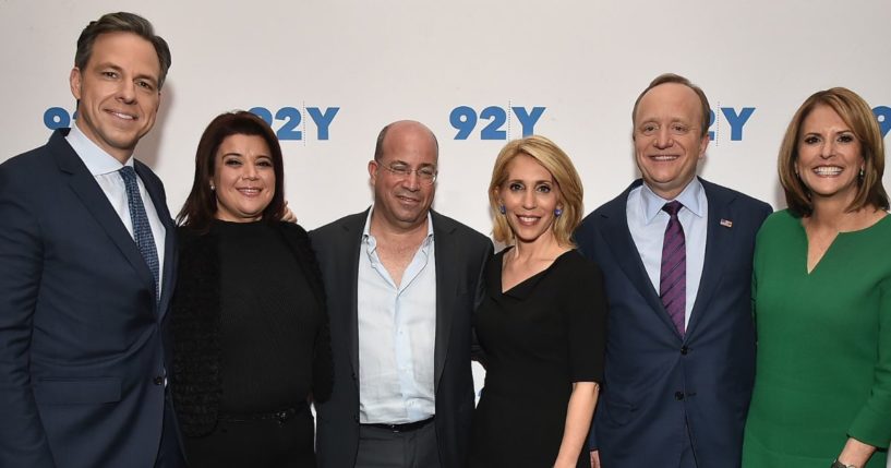 Gloria Borger, right, poses for a photo with Jake Tapper, Ana Navarro, Jeff Zucker, Dana Bash, and Paul Begala at "A Conversation with CNN" in New York City on Feb. 23, 2017.