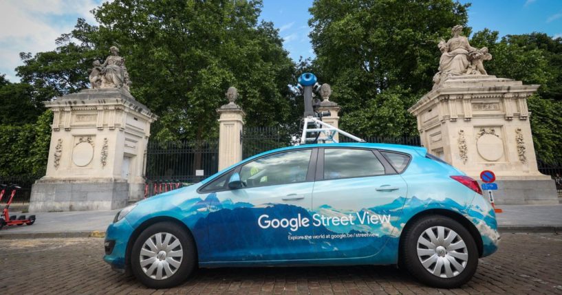 A photo illustration shows Google Street View car in the city center of Brussels, Belgium, in May 2022. Using 360-degree cameras mounted to vehicles and even carried on backpacks, Google has captured more than 10 million miles around the world.