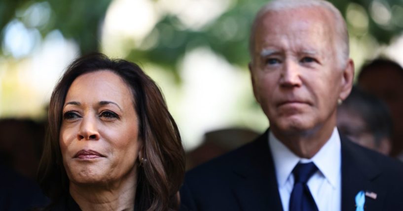 Vice President Kamala Harris, left, and President Joe Biden, right, attend the annual 9/11 Commemoration Ceremony at the National 9/11 Memorial and Museum in New York City on Sept. 11.