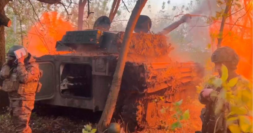 A Russian Gvozdika 120mm Howitzer fires toward Ukrainian positions at a border area of the Russia's Kursk region in a file photo from October.