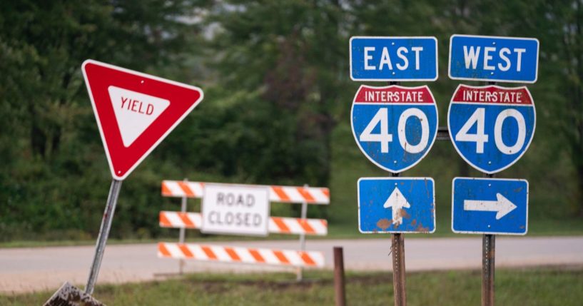 A road closed sign sits next to a ramp along I-40 in the aftermath of Hurricane Helene on September 30, 2024 in Old Fort, North Carolina.