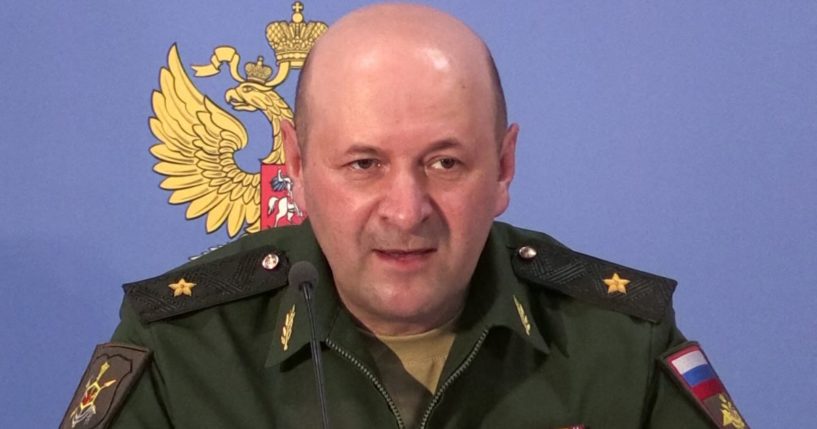 Igor Kirillov, head of the Russian Defence Ministry's radiological, biological and chemical protection unit, speaks at a briefing over an alleged chemical attack on Douma, Syria, on June 22, 2018.