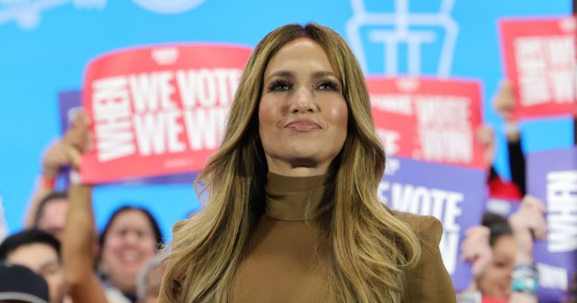 Jennifer Lopez arrives at a "When We Vote We Win" campaign rally for Democratic presidential nominee and U.S. Vice President Kamala Harris at Craig Ranch Amphitheater on October 31, 2024 in North Las Vegas, Nevada.