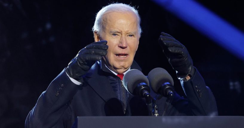 President Joe Biden speaks during the 102nd National Christmas Tree Lighting Ceremony in Washington, D.C., on Thursday.