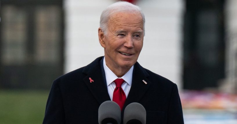 President Joe Biden delivers remarks at a World AIDS Day event on the South Lawn at the White House in Washington, D.C., on Sunday.