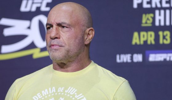 Joe Rogan MC's during the UFC 300 ceremonial weigh-in at MGM Grand Garden Arena on April 12, 2024 in Las Vegas, Nevada.