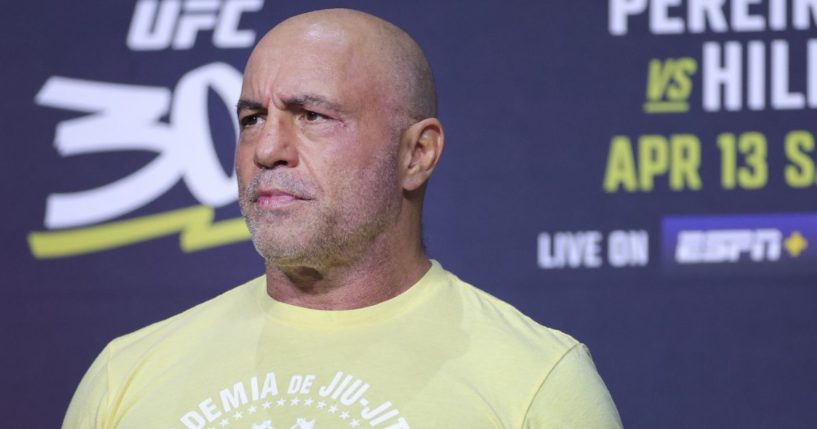 Joe Rogan MC's during the UFC 300 ceremonial weigh-in at MGM Grand Garden Arena on April 12, 2024 in Las Vegas, Nevada.