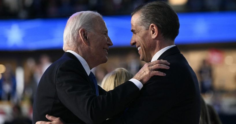 President Joe Biden, left, embraces his son, Hunter Biden, at the conclusion of the first day of the Democratic National Convention in Chicago, Illinois, on Aug. 19.