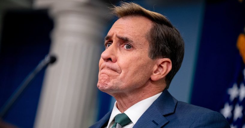 White House National Security Communications adviser John Kirby listens to a question from a reporter during a news conference in the Brady Press Briefing Room at the White House in Washington, D.C., on Thursday.