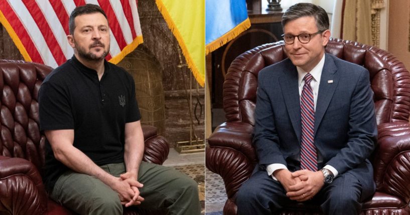 Ukrainian President Volodymyr Zelenskyy, left, meets with Speaker of the House Mike Johnson, right, at the U.S. Capitol in Washington, D.C., on July 10.