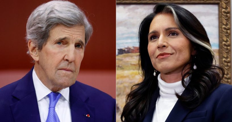 Democrats are attempting to block Tulsi Gabbard's, right, nomination as direction of national intelligence, because she met with Syria's ousted leader, Bashar al-Assad, once in 2017, but they just hung a photo of former Secretary of State John Kerry, left, at the State Department, despite the fact that he met with Assad several times.