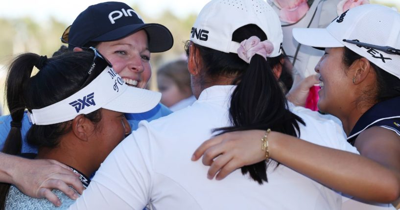 Ally Ewing of the United States reacts after finishing on the 18th green and retiring during the final round of the CME Group Tour Championship 2024 in Naples, Florida, on Nov. 24.