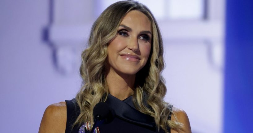 Republican National Committee co-chair Lara Trump appears on stage on the second day of the Republican National Convention in Milwaukee, Wisconsin, on July 16.