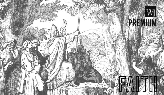 An illustration shows St. Boniface felling an Oak tree sacred to pagan Germans.