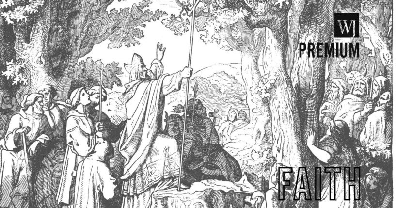 An illustration shows St. Boniface felling an Oak tree sacred to pagan Germans.