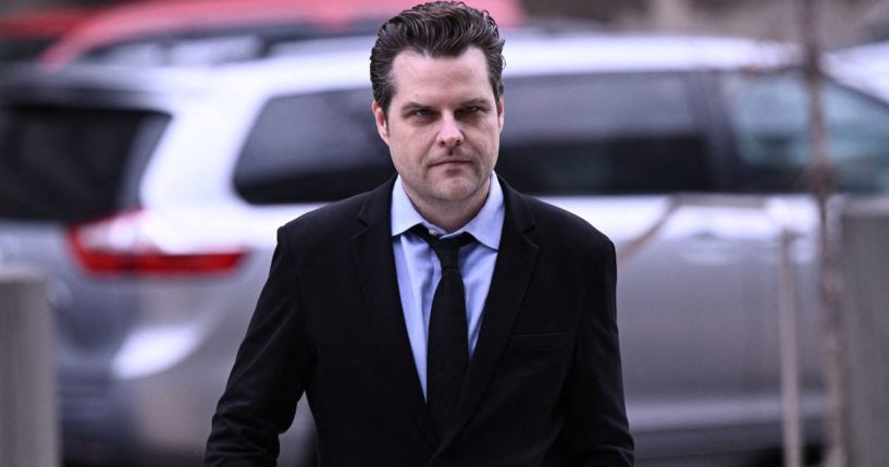 Then-Rep. Matt Gaetz arrives before Hunter Biden speaks in a closed-door deposition with the House Oversight and Judiciary committees on Capitol Hill in Washington, D.C., on Feb. 28.