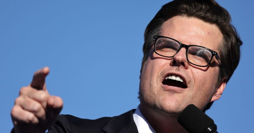 Rep. Matt Gaetz speaks at a campaign rally for Donald Trump in Coachella, California, on Oct. 12.